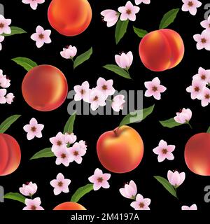 Pfirsiche, Früchte, schwarzes Muster Stock Vektor