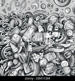 Cartoon niedliche Kritzeleien Fahrzeug Rahmenkarte. Einfarbig mit vielen Objekten im Hintergrund. Mit Fahrzeugsymbolen und -Gegenständen umranden Stock Vektor