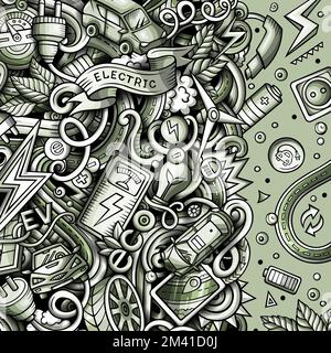 Cartoon niedlichen Kritzeleien Elektro-Fahrzeug Frame-Karte. Monochrom detailliert, mit vielen Objekten Hintergrund. Alle Objekte getrennt. Grenze mit Öko-Autos sym Stock Vektor