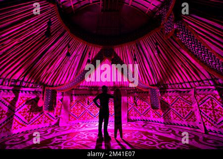 Silhouette von man Holding mit gespaltenem Snowboard im Nomadischen Haus von Yurt gegen Teppich mit ethnischen Mustern, beleuchtet von pinkfarbenem, hellen Interieur. Hinterland r Stockfoto