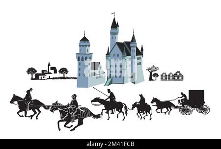 Ritterschloss mit Ritterschloss und Kutsche, Illustration Stock Vektor