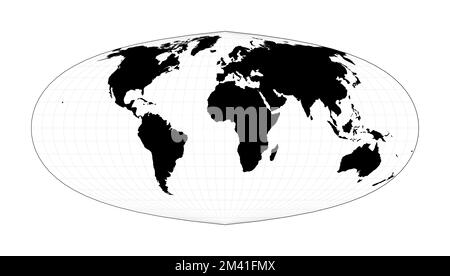 Schwarze Weltkarte auf weißem Hintergrund. Sinusprojektion nach Foucaut. Planen Sie eine geografische Weltkarte mit Graticlue Lines. Vektordarstellung. Stock Vektor