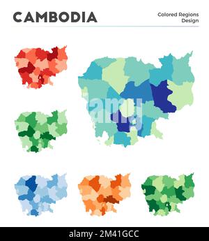 Kambodscha Kartensammlung. Grenzen Kambodschas für Ihre Infografik. Farbige Länderregionen. Vektordarstellung. Stock Vektor