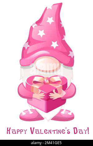 Cartoon Valentinstag-Gnom mit Geschenkbox. Valentinstag begrüßen Stock Vektor