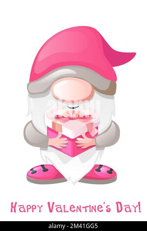 Cartoon Valentinstag-Gnom mit Geschenkbox. Valentinstag begrüßen Stock Vektor