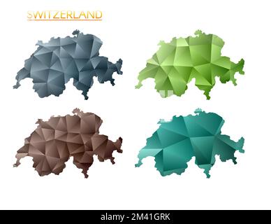 Satz polygonaler Vektorkarten der Schweiz. Helle Gradientenkarte des Landes im niedrigen Poly-Stil. Mehrfarbige Schweiz Karte im geometrischen Stil für Sie Stock Vektor