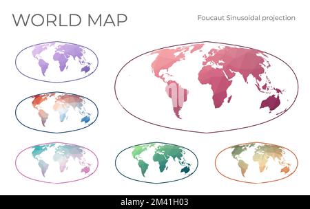 Niedriger Poly World Kartensatz. Sinusprojektion nach Foucaults. Sammlung der Weltkarten im geometrischen Stil. Vektorabbildung. Stock Vektor