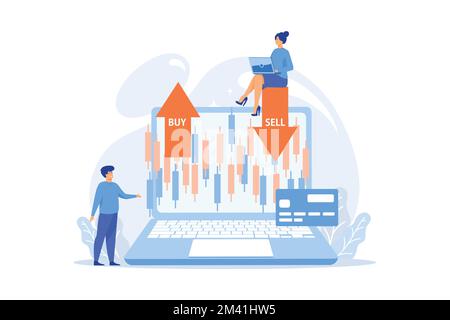 Kleine Leute, die Aktien auf einem Laptop kaufen und verkaufen, mit einem Diagramm-Diagramm. Börsenindex, Börsenmakler, Börsendatenkonzept, flach Stock Vektor