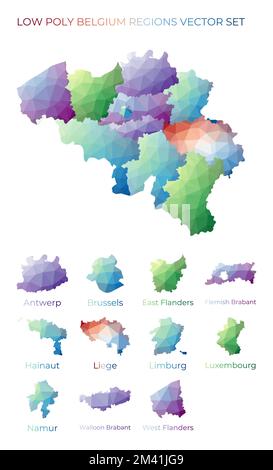 Belgische Regionen mit niedrigem Polyestergehalt. Polygonale Karte Belgiens mit Regionen. Geometrische Karten für Ihr Design. Abbildung des Strahlungsvektors. Stock Vektor
