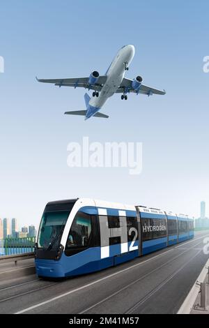 Eine Brennstoffzellenbahn und ein Flugzeug am Himmel. Sauberes Transportkonzept Stockfoto