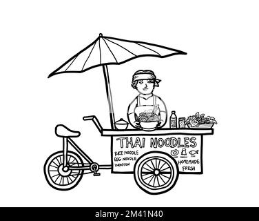 Eine junge asiatische Verkäuferin, die thailändische Nudeln auf einem Speisefahrrad verkauft. Street Food Thailand. Konzept der gesunden Ernährung. Schwarzweißzeichnung. Stock Vektor