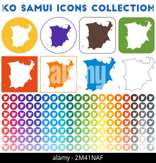 Ko Samui Icons-Sammlung. Bunte, trendige Kartensymbole. Modernes Ko Samui-Abzeichen mit Inselkarte. Vektordarstellung. Stock Vektor