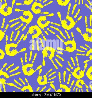 Nahtloses Muster gelber Handabdrücke auf blauem Hintergrund, Struktur, Design Stockfoto
