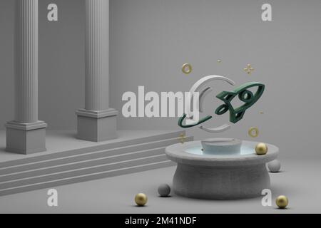Wunderschöne abstrakte Illustrationen das Symbol „Rocket“ und „Start“ auf einem Brunnen- und Säulenhintergrund. 3D-Rendering-Abbildung. Hintergrundmuster für d Stockfoto