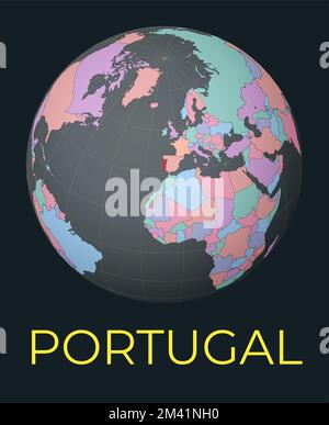 Weltkarte mit Schwerpunkt Portugal. Rotes Land hervorgehoben. Satellitenansicht der Welt mit dem Namen des Landes. Vektorabbildung. Stock Vektor
