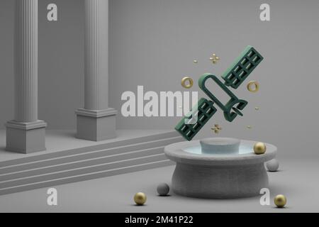 Wunderschöne abstrakte Illustrationen Satelliten- und Startsymbol auf einem Brunnen- und Säulenhintergrund. 3D-Rendering-Abbildung. Hintergrundmuster für Stockfoto