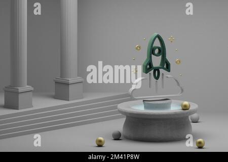 Wunderschöne abstrakte Illustrationen das Symbol „Raketen starten und starten“ auf einem Brunnen- und Säulenhintergrund. 3D-Rendering-Abbildung. Hintergrundgeräusche Stockfoto
