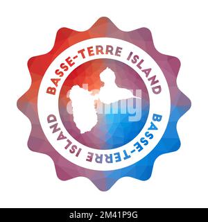 Niederes Poly-Logo für Basse-Terre Island. Farbenfrohes Logo für Steigungen im geometrischen Stil. Mehrfarbiges, polygonales, abgerundetes Schild mit Karte für die Insel Basse-Terre Stock Vektor