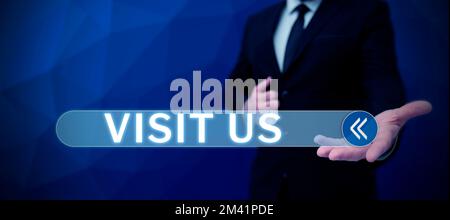 Schreiben von Anzeigetext Besuchen Sie uns. Konzept bedeutet Einladung Beobachten Sie Eine Webseite Link zum Homepage-Blog Internet Stockfoto
