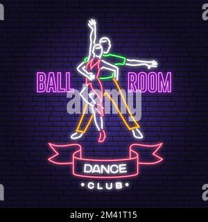 Ballsaal, Tanzclub, Bright Neon Sign. Dance Sport Emblem mit Mann-und-Frau-Silhouette. Vektor. Rumba, Salsa, Samba-Paare tanzen Stock Vektor