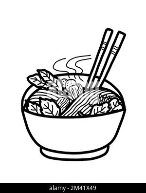 Gelbe Nudelsuppe im thailändischen oder vietnamesischen Stil mit Fleisch und Gemüse in einer Schüssel. Gesundes asiatisches Speisenkonzept. Schwarz-weiße Linienzeichnung. Stockfoto