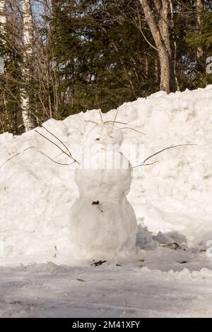 Lustiger Schneemann mit Schal und Hut im Winterwald. Stockfoto