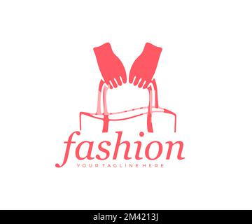 Hände mit Tasche, Frau oder Mädchen, Mode und Accessoires, Logo-Design. Einkaufen und Einkaufen, Handtasche oder Papiertasche, Tasche Segeltuch mit Griff Stock Vektor