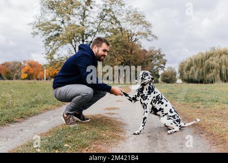 Hübscher junger Mann mit Hund draußen. Mann auf grünem Gras mit Hund. Stockfoto