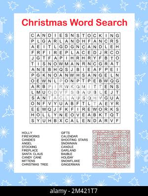 Weihnachten saisonale Kreuzworträtsel-Aktivitäten, Rätsel zur Wortsuche, Winterferien Vektor-Illustration druckbares Arbeitsblatt für Kinder, Bildungs- oder Freizeitspiele, saisonales aktuelles englisches Vokabular Stock Vektor
