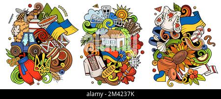 Ukraine cartoon vector doodle designs set. Colorful detailed compositions with lot of ukrainian objects and symbols. Isolated on white illustrations Stock Vector