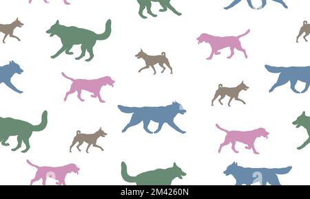 Hunde verschiedene Farben isoliert auf weißem Hintergrund. Nahtloses Muster. Endlose Textur. Design für Stoff, Dekor, Tapete, Geschenkpapier, Druck. Stock Vektor