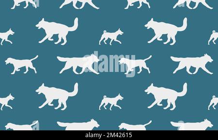 Nahtloses Muster. Silhouettenhunde verschiedener Rassen in verschiedenen Posen. Endlose Textur. Design für Stoff, Dekor, Tapete, Geschenkpapier, Druck. Stock Vektor