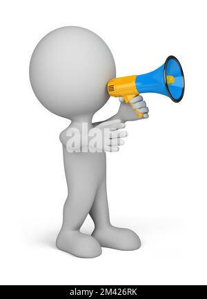 3D Person mit einem blauen Megafon in der Hand. 3D-Bild. Isolierter weißer Hintergrund. Stockfoto