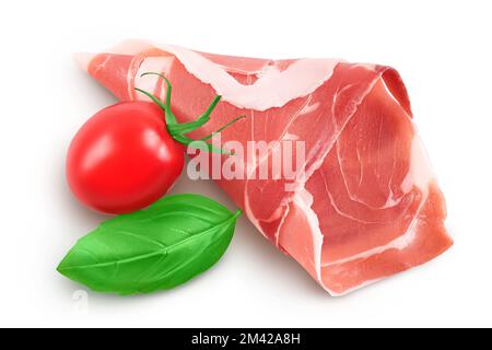 Italienischer Prosciutto Crudo oder spanischer Jamon. Roher Schinken isoliert auf weißem Hintergrund mit voller Schärfentiefe. Stockfoto