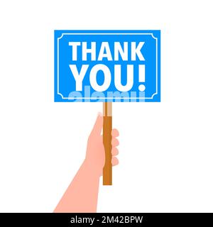 Danke Plakat und Hand, Banner auf dem Computerbildschirm, Etikett, Vorlage. Vektordarstellung. Stock Vektor