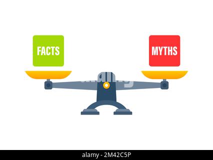 „Mythen vs. Fakten“-Skalen, Symbol „Libra“. Schüsseln mit Waage im Gleichgewicht. Stock Vektor