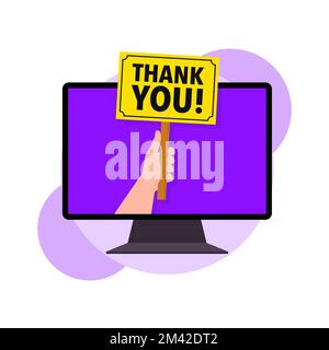 Danke Plakat und Hand, Banner auf dem Computerbildschirm, Etikett, Vorlage. Vektordarstellung. Stock Vektor