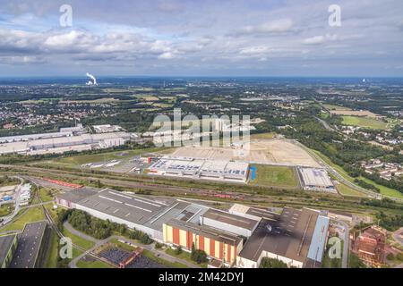 Luftaufnahme, Baustelle mit dem Neubau des REWE Logistikzentrums an der Walzwerkstraße an der alten Westfalenhütte im Stadtteil Bors Stockfoto