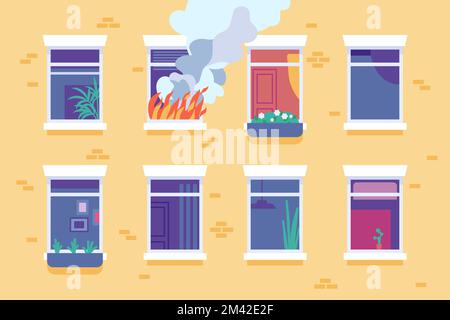 Hausbrand. Fenster mit brennenden Flammen und Rauch vor der Fassade des Wohngebäudes. Zerstörung der Wohnung. Verbrennungsversicherung Stock Vektor