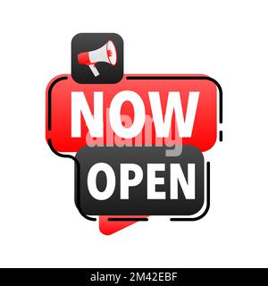 Öffnen Sie jetzt das Megafon-Label für Ankündigungen. Sprechblase des Lautsprechers. Stock Vektor