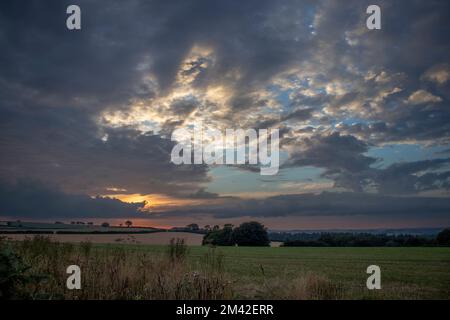 Wenn man nach Trebullett bei Sonnenuntergang blickt, ist das trockene Wetter einem kleinen Regen gewichen. Das Silageschnitt-Feld zeigt frische grüne Triebe. Stockfoto