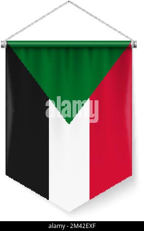 Vertikale Pennant-Flagge des Sudan als Symbol auf Weiß mit Schatteneffekten. Patriotisches Schild in offizieller Farbe und sudanesische Flagge mit Metallic-Stangen Han Stock Vektor