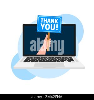 Dankesbanner auf Laptop-Bildschirm, Etikett, Vorlage. Vektordarstellung. Stock Vektor