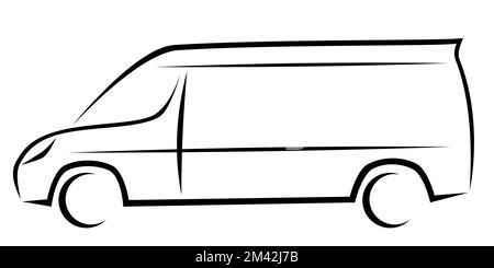 Dynamische Vektordarstellung eines Lieferwagens mit langem Radstand und hohem Dach als Logo für Zustellungs- oder Kurierunternehmen. Das Auto hat ein modernes kinetisches Design. Stockfoto