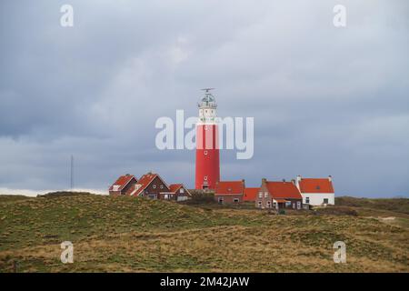 Der Leuchtturm Eierland und einige weiße Häuser mit gelesenen Ziegeldächern in den Dünen auf der niederländischen Insel Texel im Waddenmeer Stockfoto