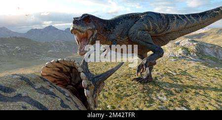 Tyrannosaurus und Triceratops aus der Kreidezeit 3D Stockfoto