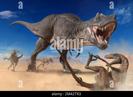 Tyrannosaurus mit kleineren Raubtieren aus der Kreidezeit 3D Stockfoto