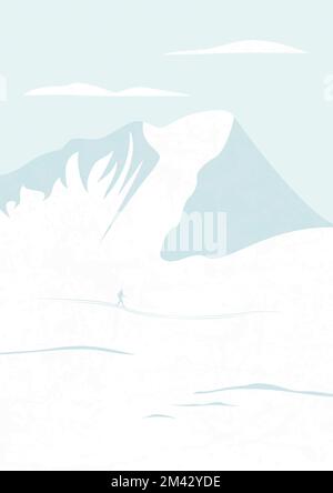 Landschaftsbild mit verschneiten Winterhügeln. Reisende Person, Winterwanderung. Stock Vektor
