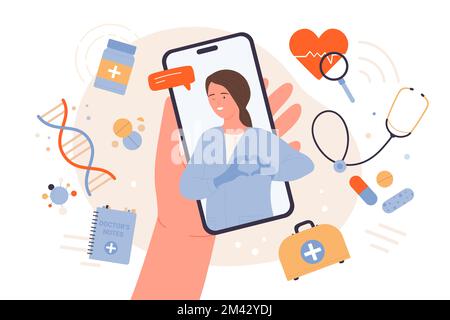 Medizinischer Online-Dienst, telemedizinische Vektordarstellung. Cartoon-Patienten halten Smartphone mit mobiler App in der Hand, lustige Ärztin in Uniform zeigt Herzgesten auf dem Handy-Bildschirm Stock Vektor