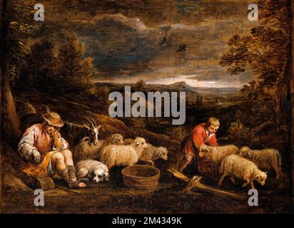Hirten und Schafe von David Teniers, dem Jüngeren (1610-1690), Öl auf Holz Stockfoto
